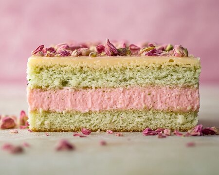 an extreme close-up, parallel horizontal front view, surface of a sliced pistachio rose cake, filling the entire frame with its intricate layers