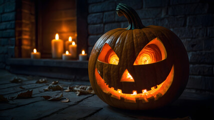 halloween pumpkin on a black background,  jack o lantern, candle light, ai generated