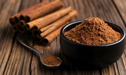 Cinnamon sticks on a wooden table. Cinnamon powder in a spoon and bowl, Generative AI