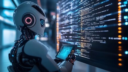 A White Robot Analyzing Data on a Tablet in a Futuristic Setting