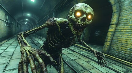 Eerie Skeleton Creature in Dark Underground Tunnel