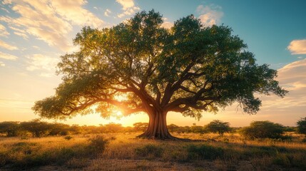Fototapeta premium A large tree stands in a field with a beautiful sunset in the background