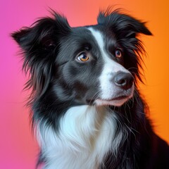 Fototapeta premium Portrait of a Border Collie in a studio setting with vibrant pink and orange background highlighting its expressive eyes and silky fur