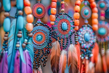 Beaded necklaces with feathers are hanging on display at a native american festival