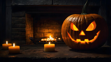 Obraz premium halloween pumpkin on a black background, jack o lantern, candle light, ai generated