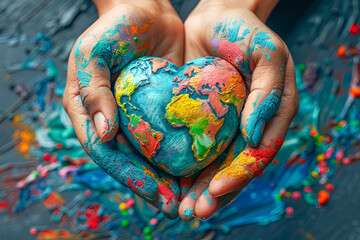 Hands holding colorful earth globe in heart shape