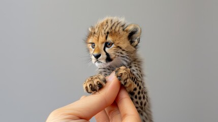 Cute cheetah  sits on the tip of a woman's finger
