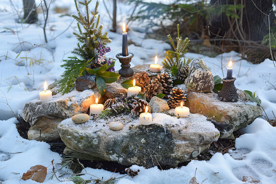Yule winter solstice home altar is being adorned with plants, stones and candles in a snowy forest