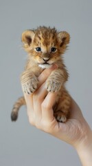 Cute  lion sits on the tip of a woman's finger