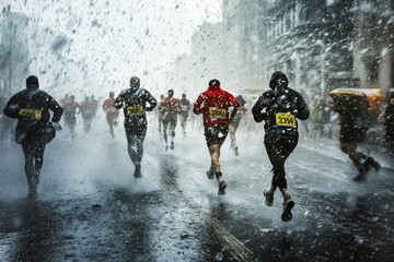 Runners tackle the storm in this intense weather scene. The vibrant colors capture the powerful emotions of resilience and determination. Perfect for sports and nature themes. Generative AI