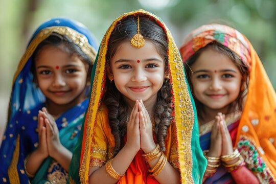 Happy Indian children in national costumes with self-esteem, on Children's Day in India, Bal Divas. Poster, postcard, banner for visual images related to culture, traditions and festivals