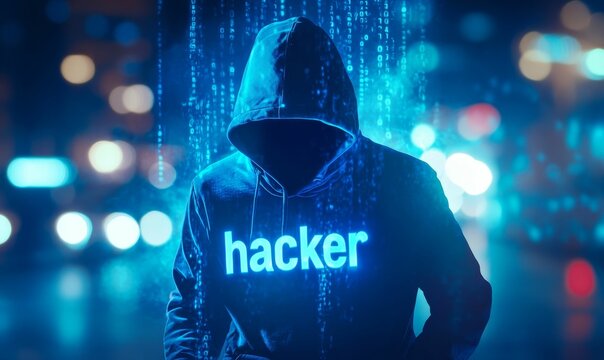 Hooded figure with "hacker" glowing on chest.