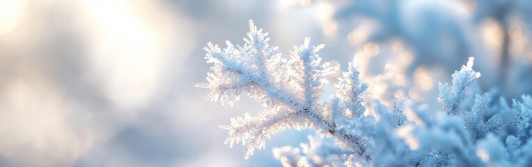 Frost-covered branches glisten under soft winter sunlight in a serene natural setting during a chilly morning. With copy space for text. Wide web banner.