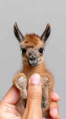 Obraz premium Cute Llama sits on the tip of a woman's finger