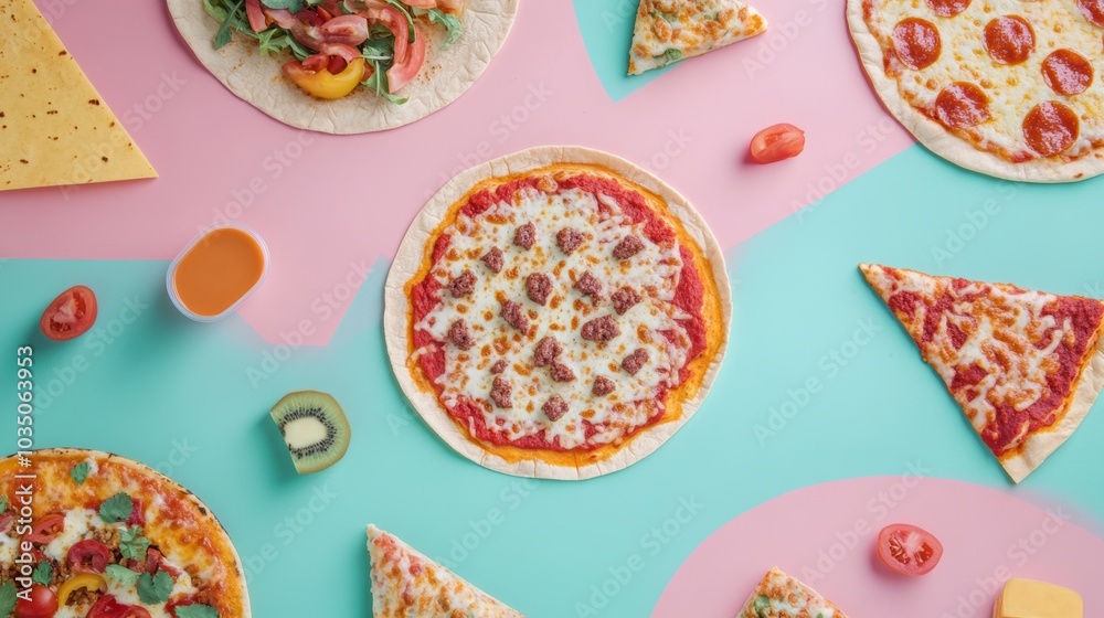 Poster a stunning display of assorted tacos and pizza slices creatively arranged on a geometric pastel back