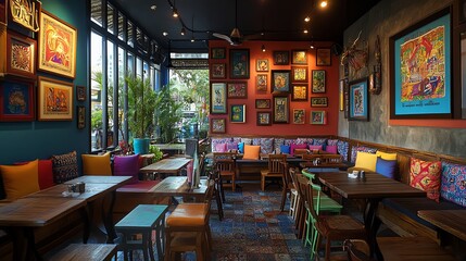 A lively seating area in a som tum restaurant with a fun atmosphere, showcasing the process of making som tum