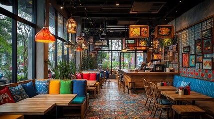 A lively seating area in a som tum restaurant with a fun atmosphere, showcasing the process of making som tum