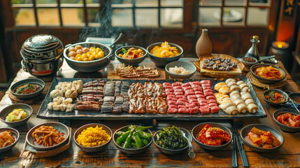 Celebrating korean bbq with a lavish spread of delights on a rustic table