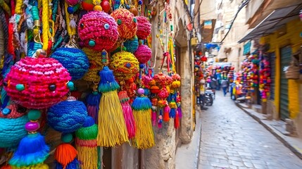 Fototapeta premium Vibrant and Unique Market Stall Displaying a Variety of Handmade Jewelry Accessories and Artisan Crafts for Sale
