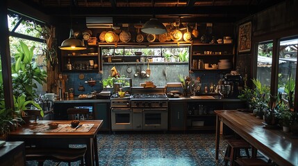 A traditional kitchen setup in a som tum restaurant, serving nam tok moo in a homely atmosphere