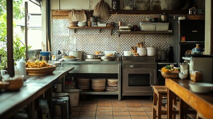 A traditional kitchen setup in a som tum restaurant, serving nam tok moo in a homely atmosphere