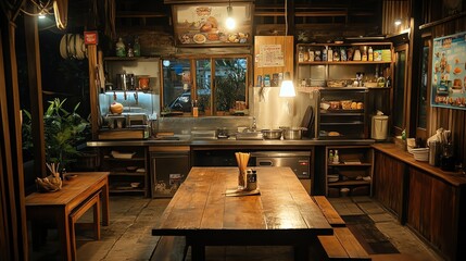 A traditional kitchen setup in a som tum restaurant, serving nam tok moo in a homely atmosphere