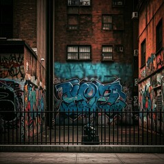 Fototapeta premium colorful graffiti on brick walls in a dark urban alleyway