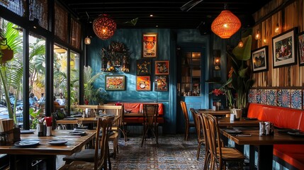 A vibrant decoration in a som tum restaurant with a lively atmosphere, featuring tom yum and friendly conversations