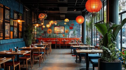 A vibrant decoration in a som tum restaurant with a lively atmosphere, featuring tom yum and friendly conversations