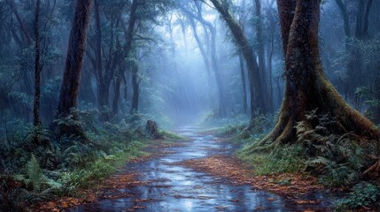 Obraz premium A Mystical Forest Path Under Rain with Sunlight Glimpses