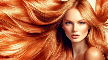Fototapeta premium Radiant woman with flawless skin is displaying her vibrant, healthy red hair