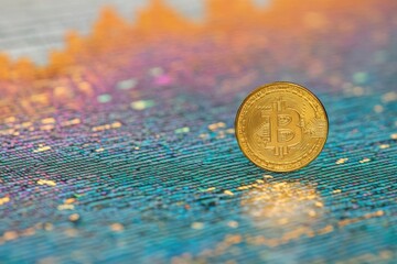 Gold Bitcoin with digital blockchain code and a stock market graph