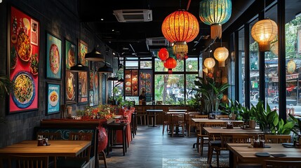 A vibrant decoration in a som tum restaurant with a lively atmosphere, featuring tom yum and friendly conversations