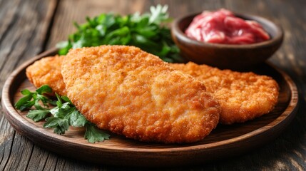Crispy Breaded Chicken Schnitzel on Wooden Plate