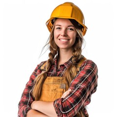 Confident female lumberjack with a friendly smile in safety gear