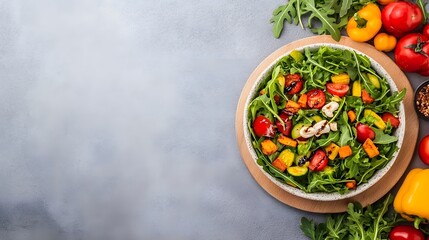 A vibrant salad with mixed greens, colorful vegetables, and a light dressing, presented in a rustic bowl against a textured background.