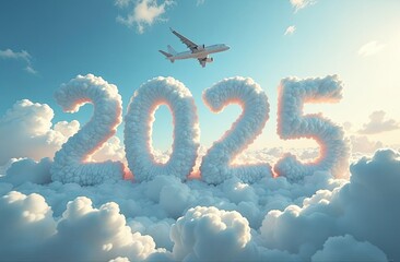 Naklejka premium Fantastic illustration with cumulus clouds in the sky in the form of numbers 2025 and a flying passenger plane. symbolizing the start of the new year, travel, vacations and new tourist destinations