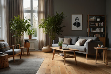 Scandinavian Living Room Inspiration Grey Sofa, Green Plants, and Natural Elegance