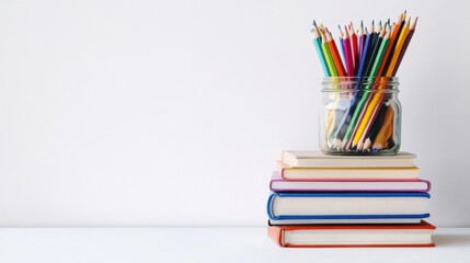 Stacked books with colorful pencils jar on top against white background for education theme