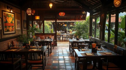 A warm setting with tables and chairs in a som tum restaurant, featuring grilled chicken and the art of grilling