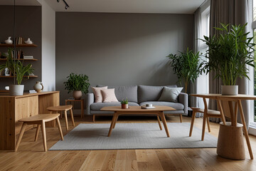 Scandinavian Living Room Inspiration Grey Sofa, Green Plants, and Natural Elegance