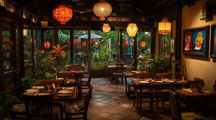 A warm setting with tables and chairs in a som tum restaurant, featuring grilled chicken and the art of grilling