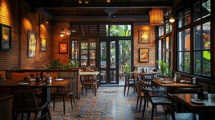 A warm setting with tables and chairs in a som tum restaurant, featuring grilled chicken and the art of grilling