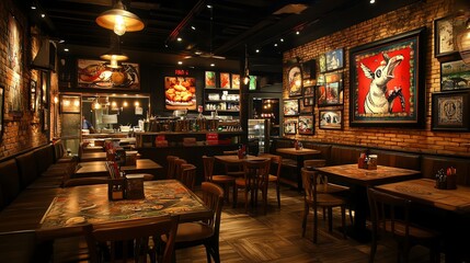 A warm setting with tables and chairs in a som tum restaurant, featuring grilled chicken and the art of grilling