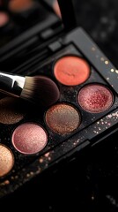 A makeup palette with blushes and brushes, set against a black background