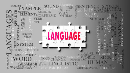 Language as a complex subject, related to important topics. Pictured as a puzzle and a word cloud made of most important ideas and phrases related to language. ,3d illustration