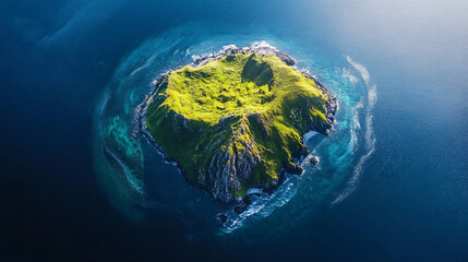 Fototapeta premium An aerial view of a remote island, showcasing its unique shape and surrounding ocean.