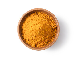 Flat lay Pile of Turmeric powder in wooden bowl isolated on white background. Clipping path.