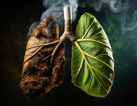 Pulmones de hojas de tabaco concienciando sobre el cancer de pulmon, sobre fondo negro