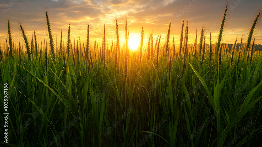 Canvas Prints Golden Sunset Over a Field of Grass - Nature's Beauty at Dusk